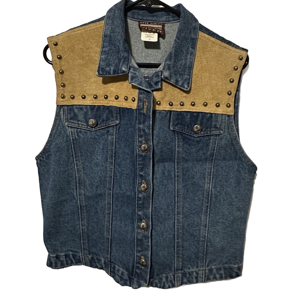 Blue Jean Western Vest Silver River button down Denim Studded Woman's Medium